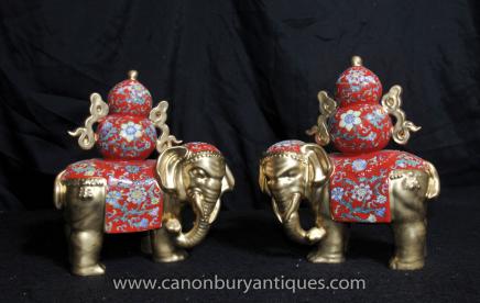 Pair Chinese Porcelain Famille Rose Elephants Elephant Statue